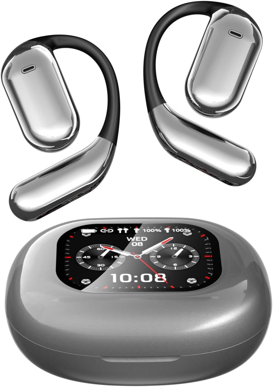 Open-Ear Wireless Earbuds Bluetooth 5.4 Headphones with Intelligent Touch Screen & Earhook, 40Hrs Playback Sport Ear Buds Earphones,Ultra-Comfort Design,Compatible with iPhone & Android,Grey