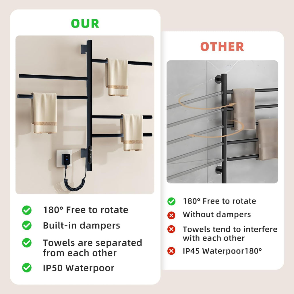 180°Rotation Electric Heated Towel Rack Wall Mounted Towel Warmer Racks 5 Bars Hardwired & Plug-in Hot Towel Rack with 1H-9H Timer for Home Bathroom Salons and Spas (Black)
