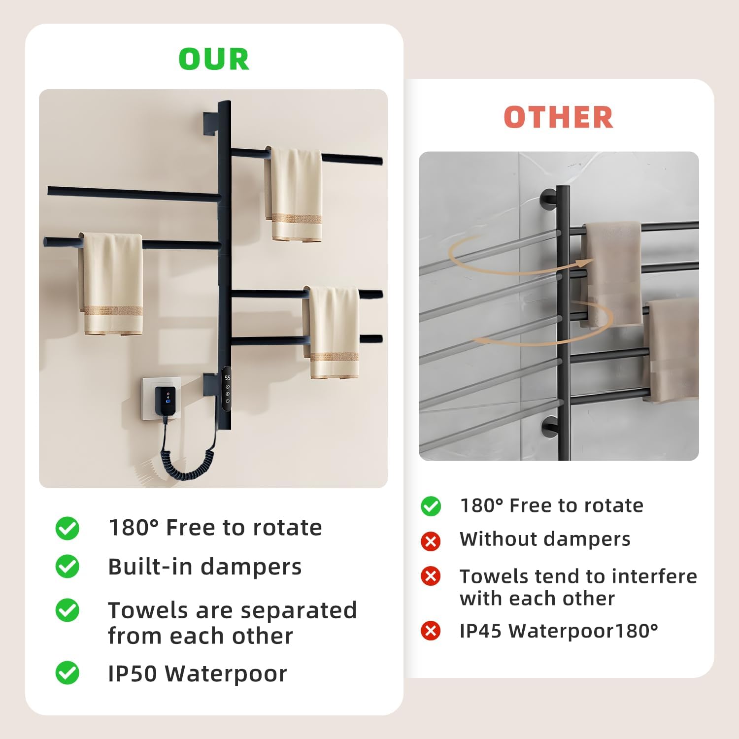 180°Rotation Electric Heated Towel Rack Wall Mounted Towel Warmer Racks 5 Bars Hardwired & Plug-in Hot Towel Rack with 1H-9H Timer for Home Bathroom Salons and Spas (Black)