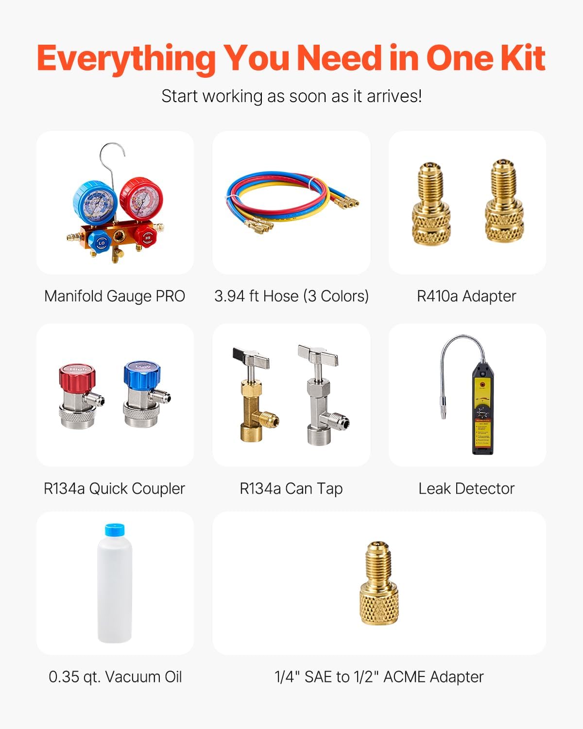 VEVOR 4.5 CFM AC Vacuum Pump and Gauge Set, Single Stage Rotary Vane HVAC Air Vacuum Pump, A/C Refrigerant Manifold Gauge Kit, with Leak Detector Hoses, for R134a, R12, R22, R502a, R410A, R404, R407C
