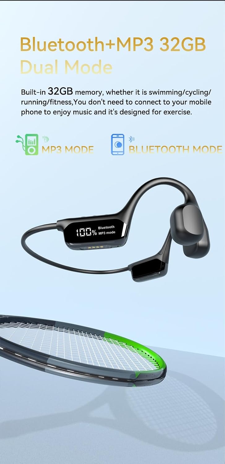 Open Ear Headphones IPX8 Waterproof Swimming Headphones Bone Conduction Earbuds Built in 32GB Memory Wireless Bluetooth 5.4 with Mic,Single Battery Life 10H Sport Earphones for Running,Cycling,White