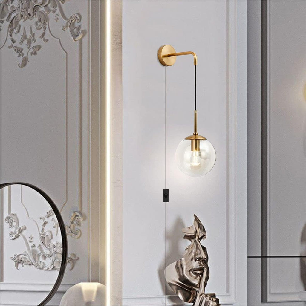 BOKT Mid Century Modern Globe Wall Sconce Lighting Set of Two Plug in Brushed Brass Gold Bathroom Wall Light Set of 2 Plug in Cord Clear Bubble Glass Ball Bedroom Wall Lamp(Clear)