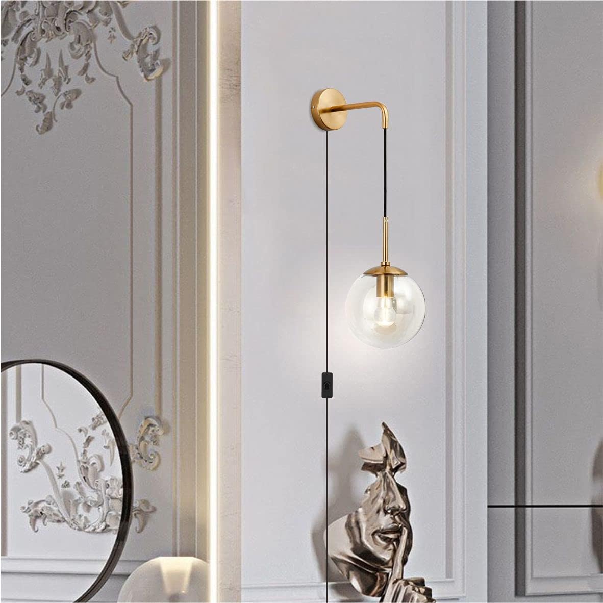 BOKT Mid Century Modern Globe Wall Sconce Lighting Set of Two Plug in Brushed Brass Gold Bathroom Wall Light Set of 2 Plug in Cord Clear Bubble Glass Ball Bedroom Wall Lamp(Clear)