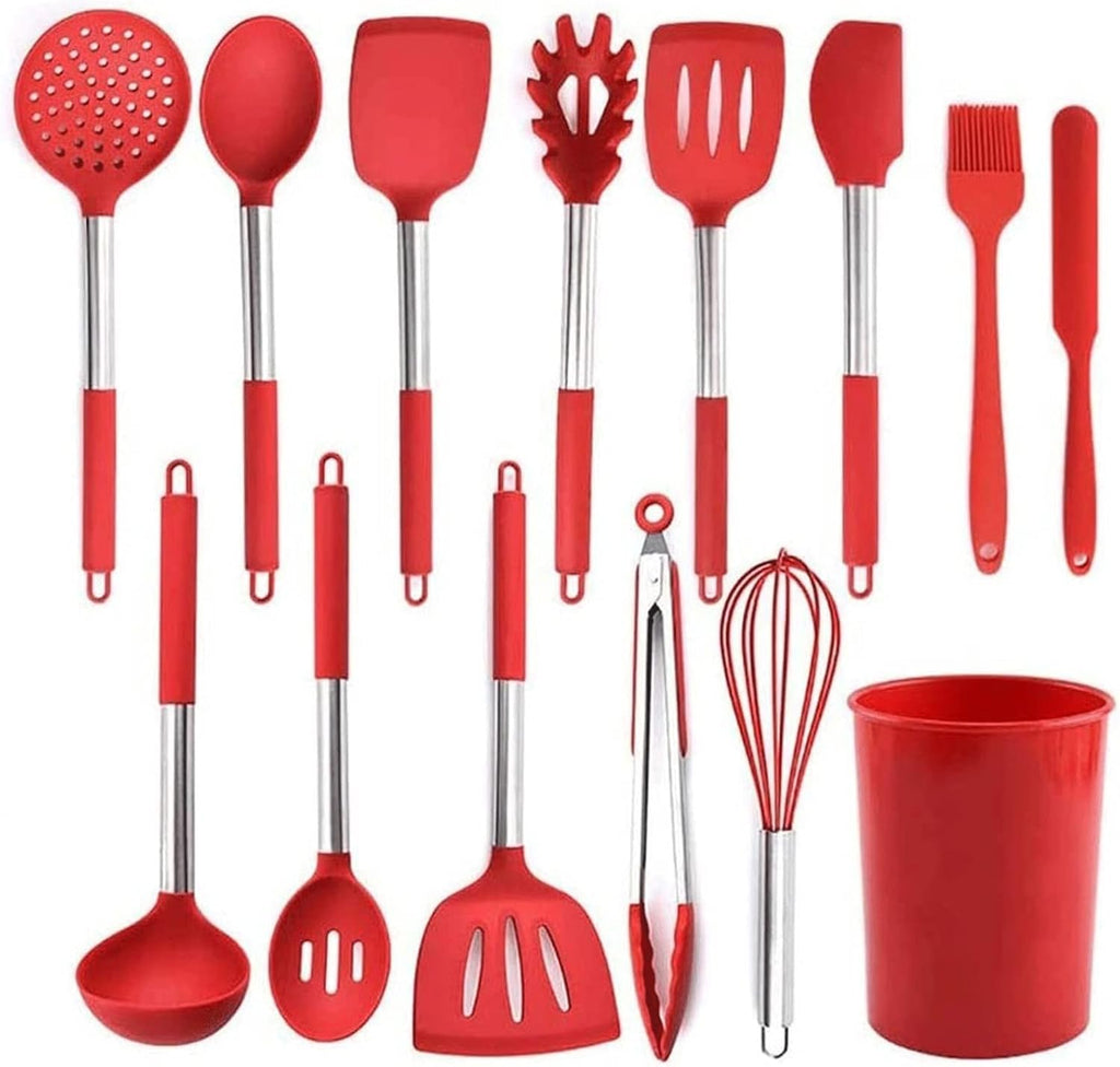 Marycan Silicone Cooking Utensils Set, Stainless Steel Handle Kitchen Utensils Set with Holder, Silicone Cooking Gadgets(Red)