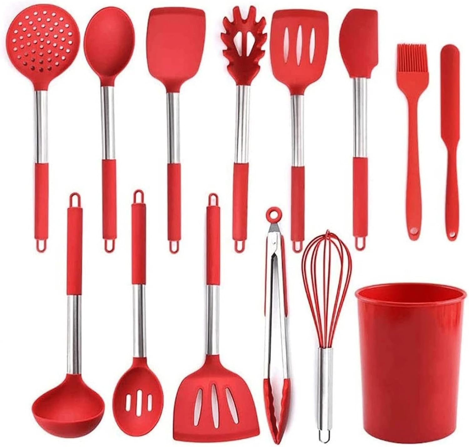 Marycan Silicone Cooking Utensils Set, Stainless Steel Handle Kitchen Utensils Set with Holder, Silicone Cooking Gadgets(Red)