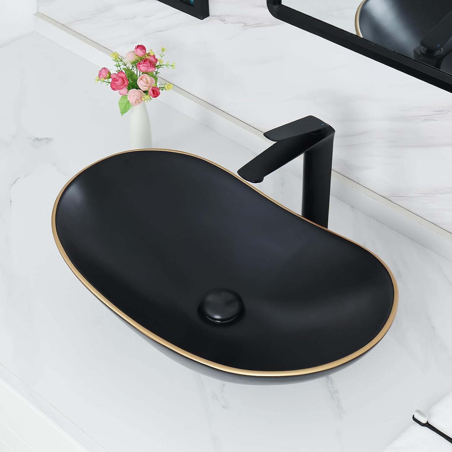 Davivy 24.5'' X 13.8'' Large Matte Black Oval Vessel Sink with Pop Up Drain,Bathroom Sinks Above Counter,Black Vessel Sink with Gold Trim,Ceramic Vessel Sinks for Bathrooms (Large)