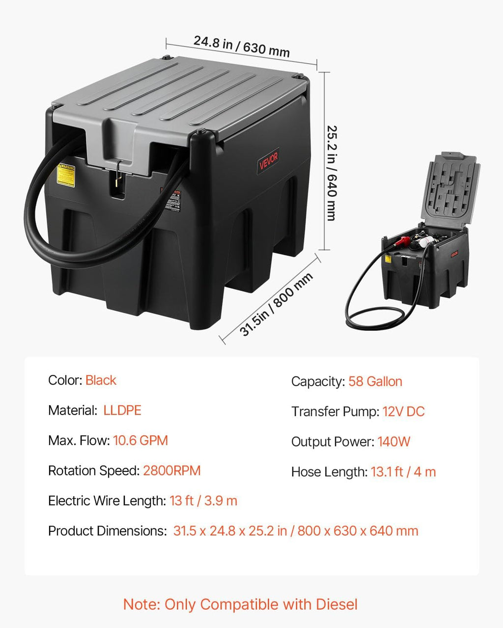 VEVOR Portable Diesel Tank, 58 Gallon Capacity & 10 GPM Flow Rate, Portable Fuel Tank with 12V Electric Transfer Pump and 13.1ft Rubber Hose, PE Diesel Transfer Tank for Easy Fuel Transportation Black