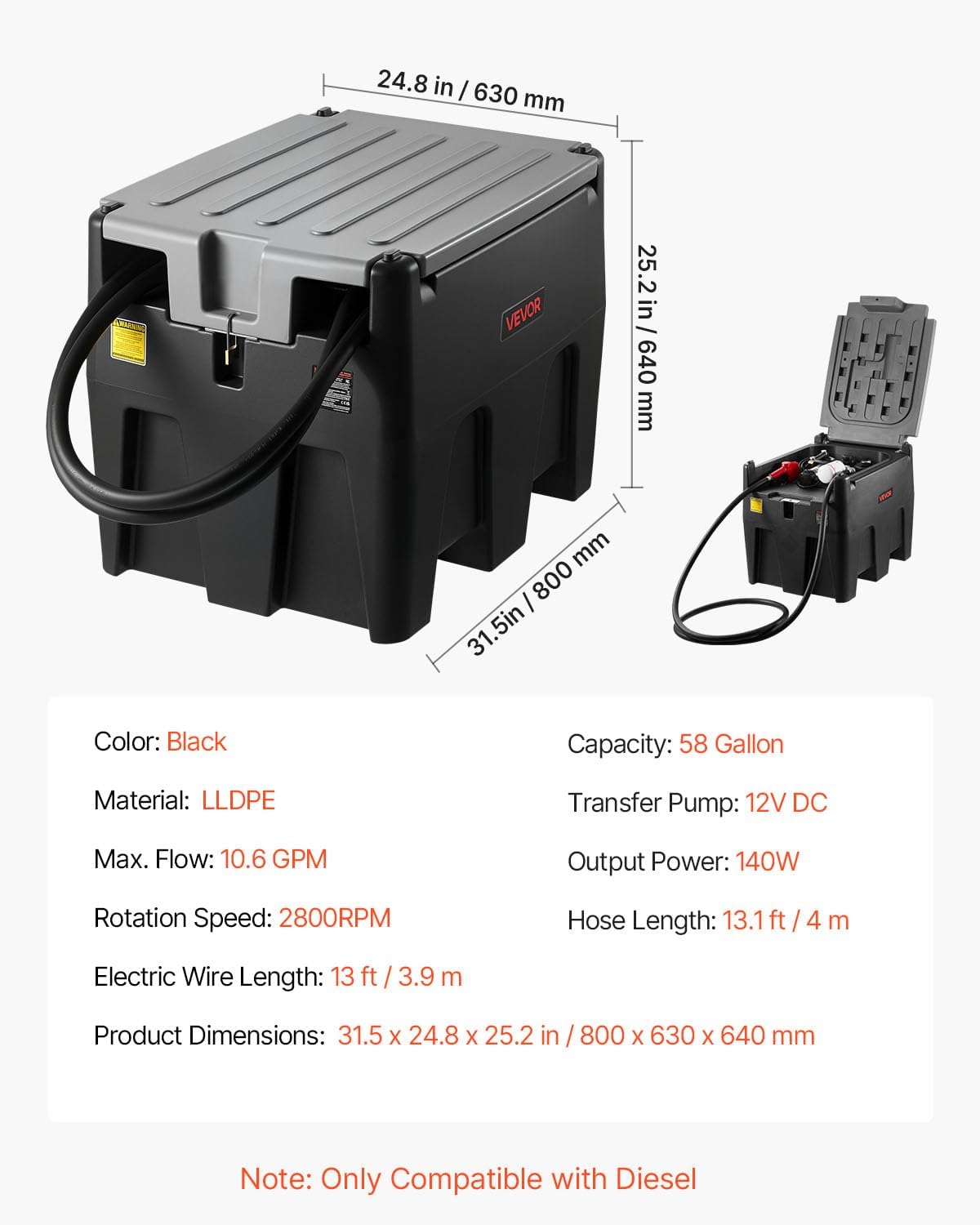 VEVOR Portable Diesel Tank, 58 Gallon Capacity & 10 GPM Flow Rate, Portable Fuel Tank with 12V Electric Transfer Pump and 13.1ft Rubber Hose, PE Diesel Transfer Tank for Easy Fuel Transportation Black