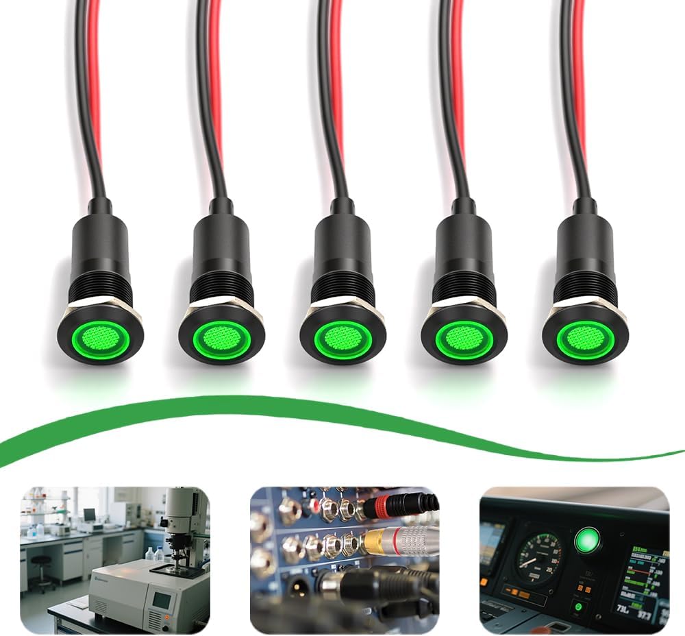 50PCS 12mm (1/2') Green LED Indicator Light Waterproof Metal Signal Lamp 5V 12V 24V IP67 Pilot Dash Head for Car Industrial Equipment Light (12V-Black Shell Green 50PCS)