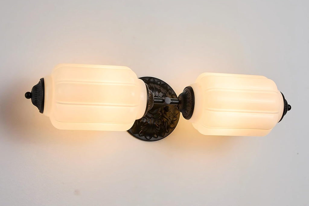 Vintage Milk Glass Vanity Light Fixture Over Mirror, 2-Light Wall Sconce with Black Metal, Vanity Lighting for Bathroom, Living Room, Bedroom