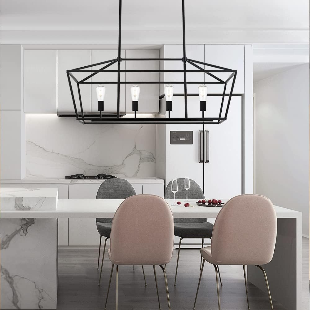 BONLICHT Kitchen Island Lighting 4 Lights in Matte Black Finish Farmhouse Chandelier Industrial Pendant Hanging Light Fixture for Dining Room Living Room Foyer