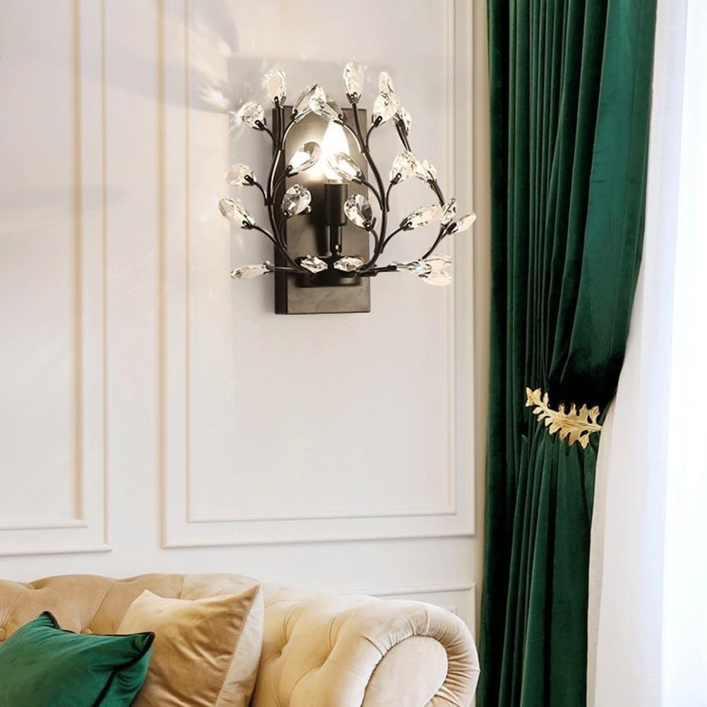 Wall Sconces Creative Retro Crystal Wall Sconces Wrought Iron Crystal Branches Wall Light Wall Mounted Lighting Fixture for Dining Room Bathroom Bedroom Living Room Entryway(Black)