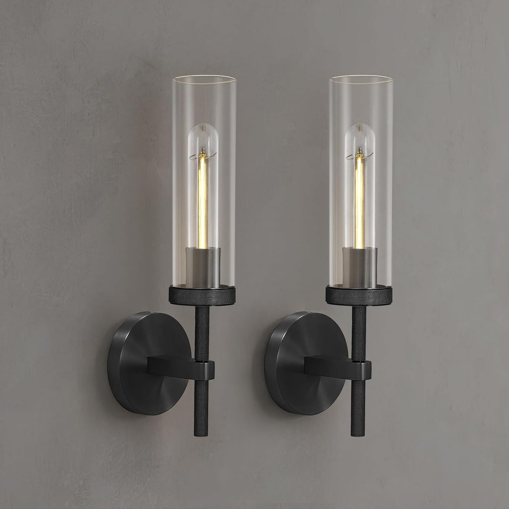 Knurled Wall Sconces Set of Two, Black Wall Sconce Lights, 14' Black Bathroom Wall Sconces, Glass Linear Sconce Wall Lighting, Vanity Lights Bathroom Light Fixture Wall Lights for Living Room