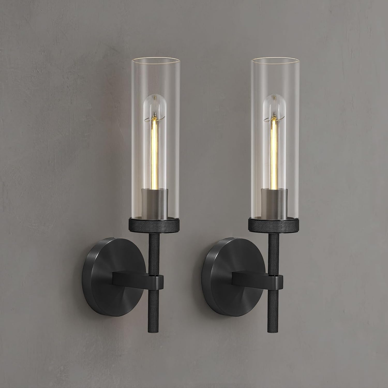 Knurled Wall Sconces Set of Two, Black Wall Sconce Lights, 14' Black Bathroom Wall Sconces, Glass Linear Sconce Wall Lighting, Vanity Lights Bathroom Light Fixture Wall Lights for Living Room