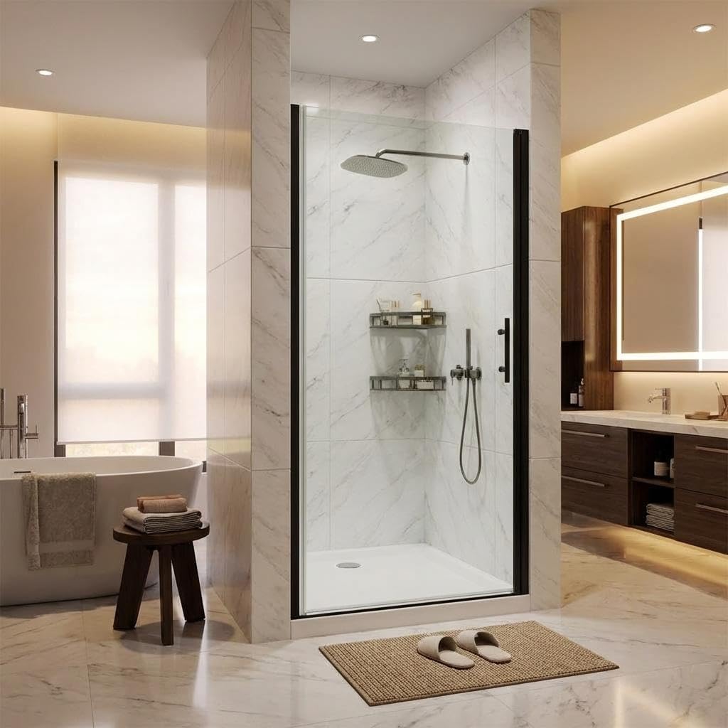 Pivot Shower Door 34 inch W x 72 inch H, Single Swing Tempered Glass Shower Door with Aluminum Frame, Frameless Look for Modern Bathroom Remodel or Apartment Upgrade, Matte Black