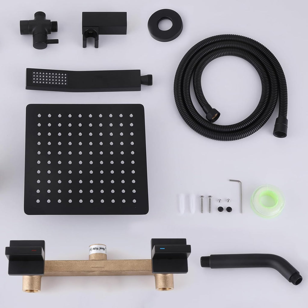 2 Handles Shower Faucet Set Rain Shower Head with Handheld Shower Combo Set Dual 2 in 1 Shower System Wall Mounted Matte Black