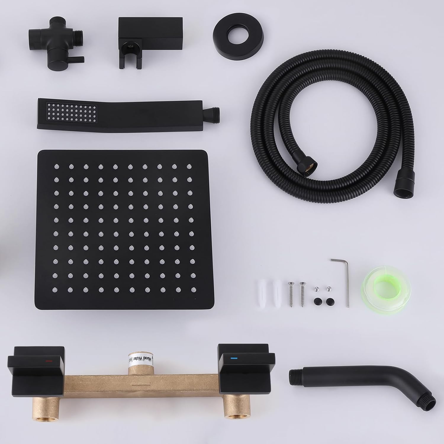 2 Handles Shower Faucet Set Rain Shower Head with Handheld Shower Combo Set Dual 2 in 1 Shower System Wall Mounted Matte Black