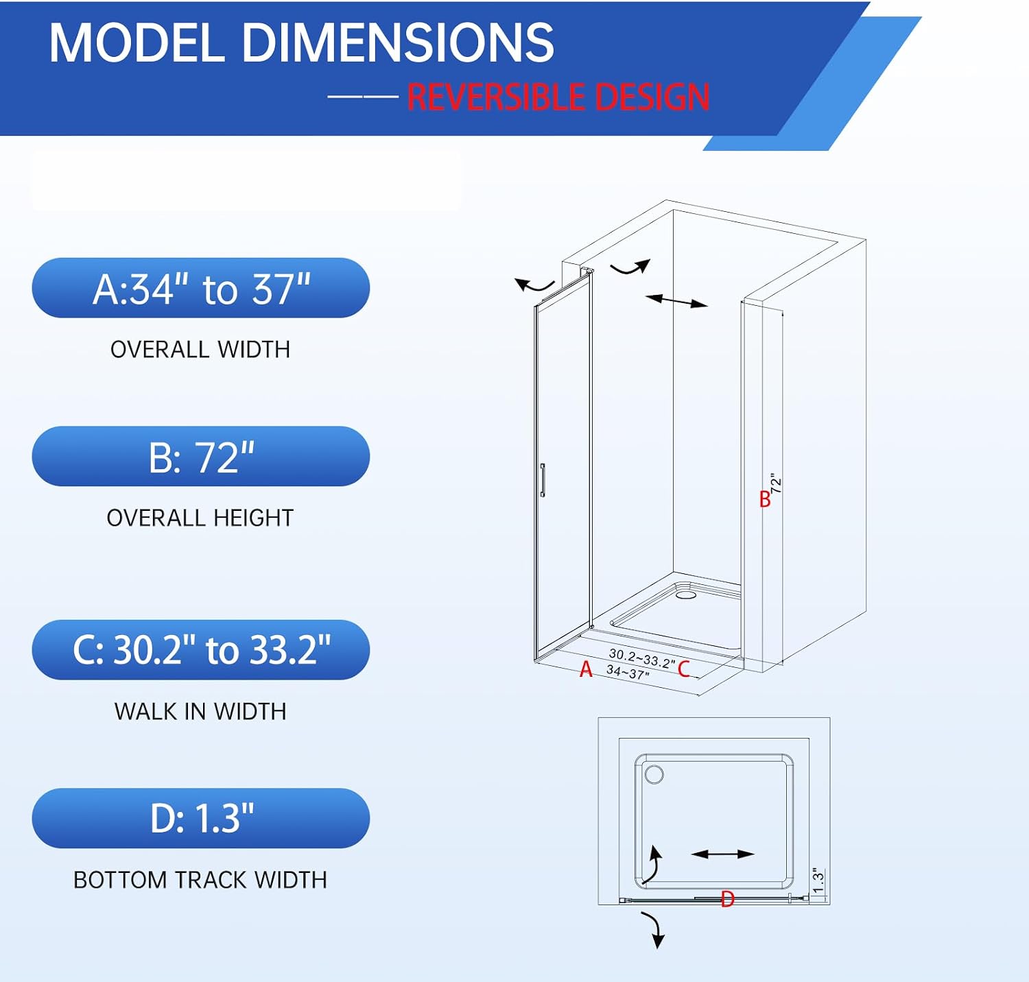 34-37' W x 72' H Pivot Swing Glass Shower Doors, 180° Rotating Retractable Bathroom Shower Door, Frameless Sliding Extended Bypass Shower Door with 3/16'(5mm) Clear SGCC Tempered Glass Matte Black