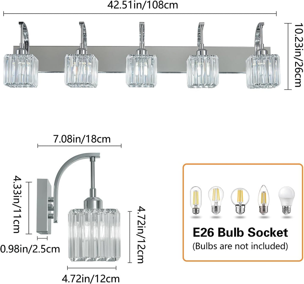 Crystal Vanity Lights 5-Light Chrome Bathroom Vanity Lights Modern Crystal Bathroom Light Fixtures Over Mirror 42.51' Long Vanity Light for Bathroom