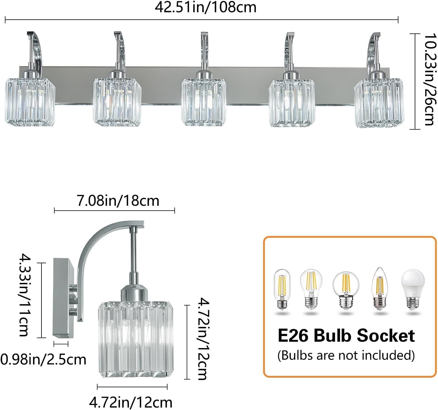 Crystal Vanity Lights 5-Light Chrome Bathroom Vanity Lights Modern Crystal Bathroom Light Fixtures Over Mirror 42.51' Long Vanity Light for Bathroom