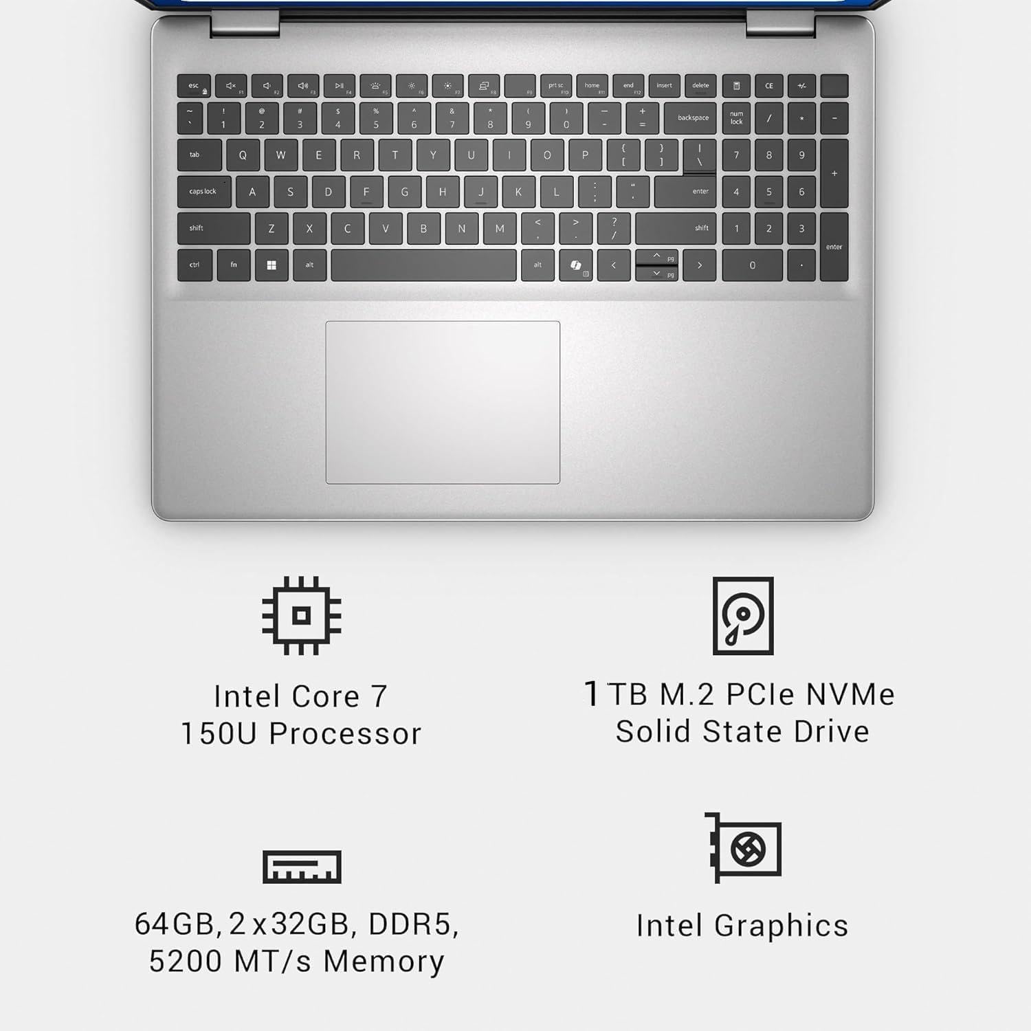 Dell 16 DC16251 Touchscreen Laptop, 16.0-inch 16:10 FHD+ Touch Display, Intel Core 7 150U Processor, 64 GB DDR5, 1 TB SSD, Backlit Keyboard, Fingerprint Reader, Business & Student, Windows 11 Pro