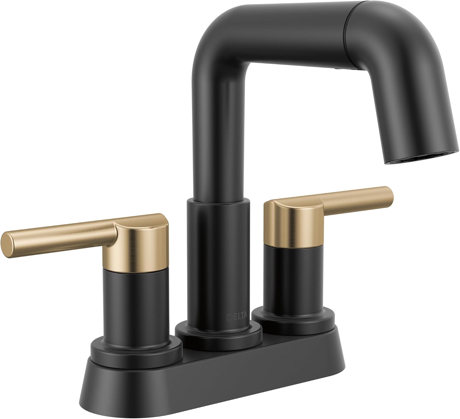 Delta Nicoli Centerset Matte Black/Brushed Gold Bathroom Faucet with Sprayer, 4 Inch 3 Hole Bathroom Sink Faucet with Pull Out Sprayer, Push-Pop Drain, Matte Black/Champagne Bronze 25849LF-GZPD