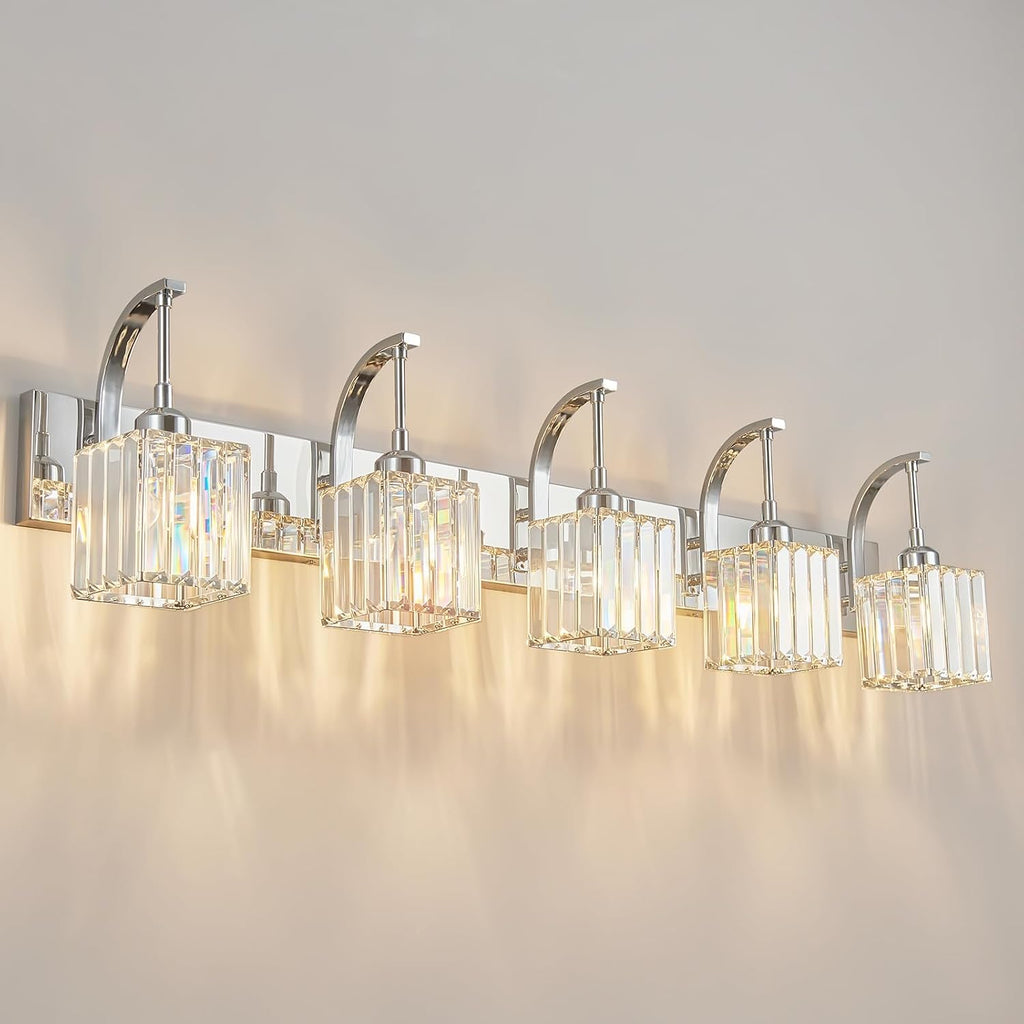 Crystal Vanity Lights 5-Light Chrome Bathroom Vanity Lights Modern Crystal Bathroom Light Fixtures Over Mirror 42.51' Long Vanity Light for Bathroom