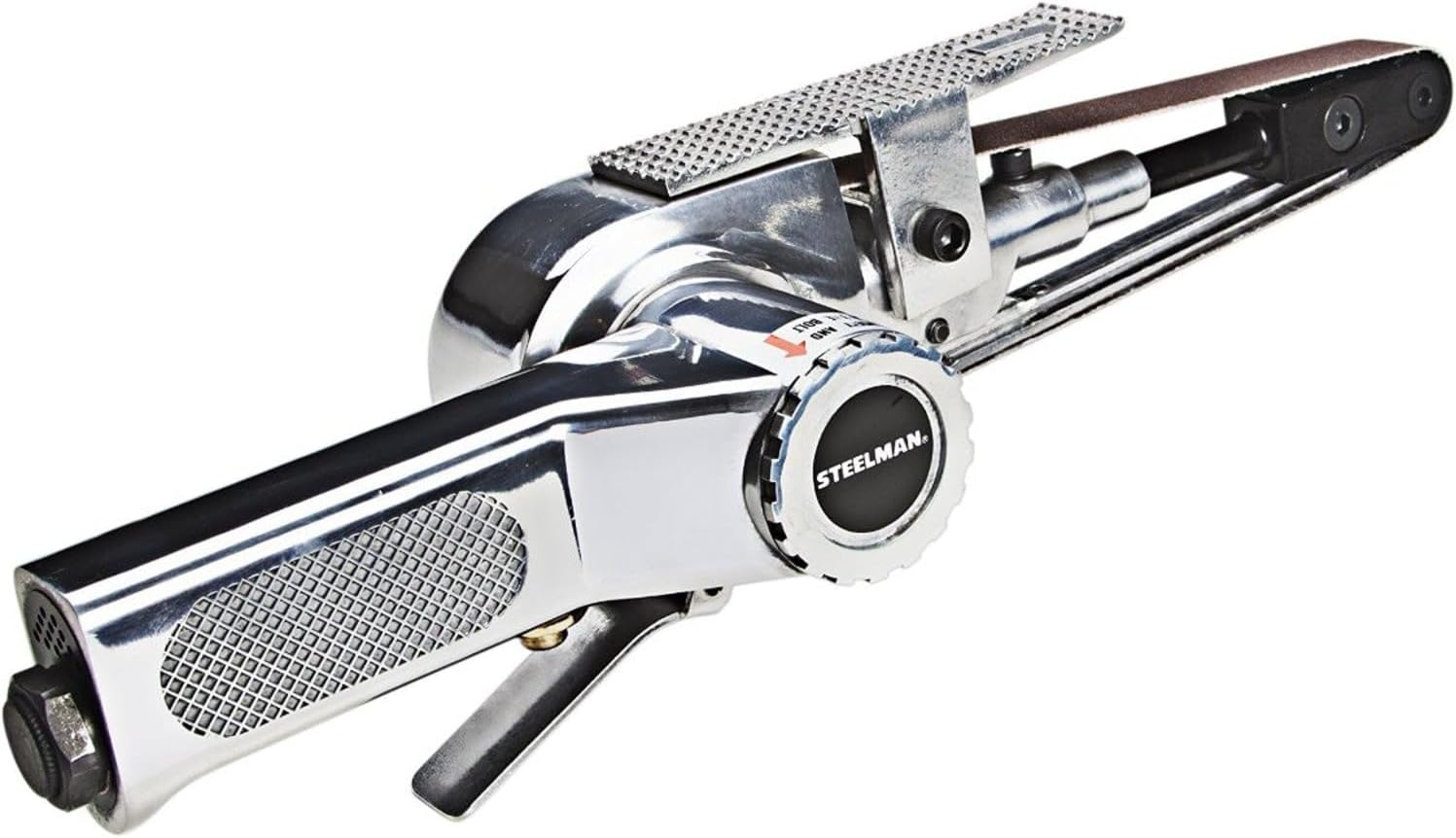 Steelman 3/4-inch (20mm) Belt Sander Automotive Repair Tool for Mechanics, Narrow Profile for Confined Spaces, 360 Degree Rotation, Built-In Regulator, Redirected Exhaust
