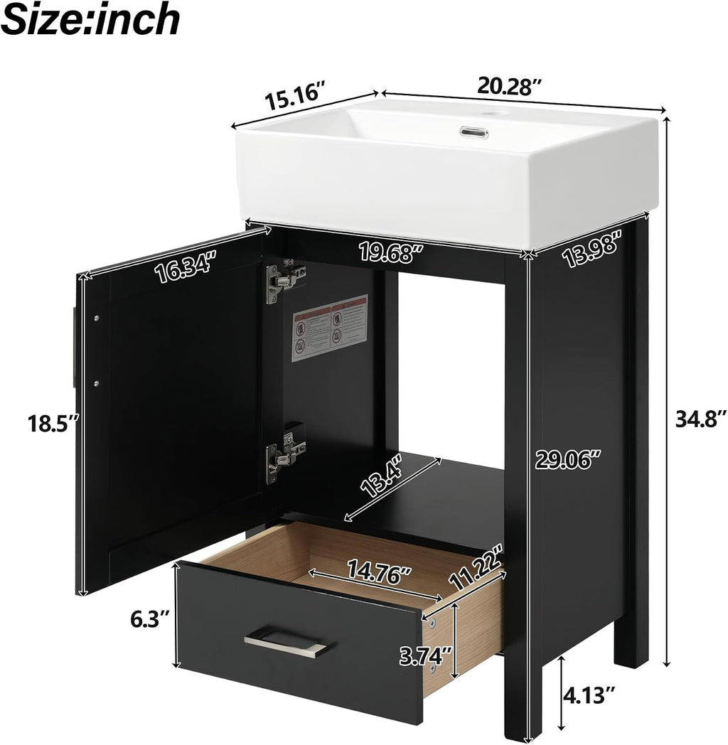 20-inch Bathroom Vanity with Sink Combo Set, Free Standing Single Storage Cabinet with Soft Closing Doors & One Drawer, Solid Wood Vanity Organizer with Ceramic Basin for Bathroom, Black