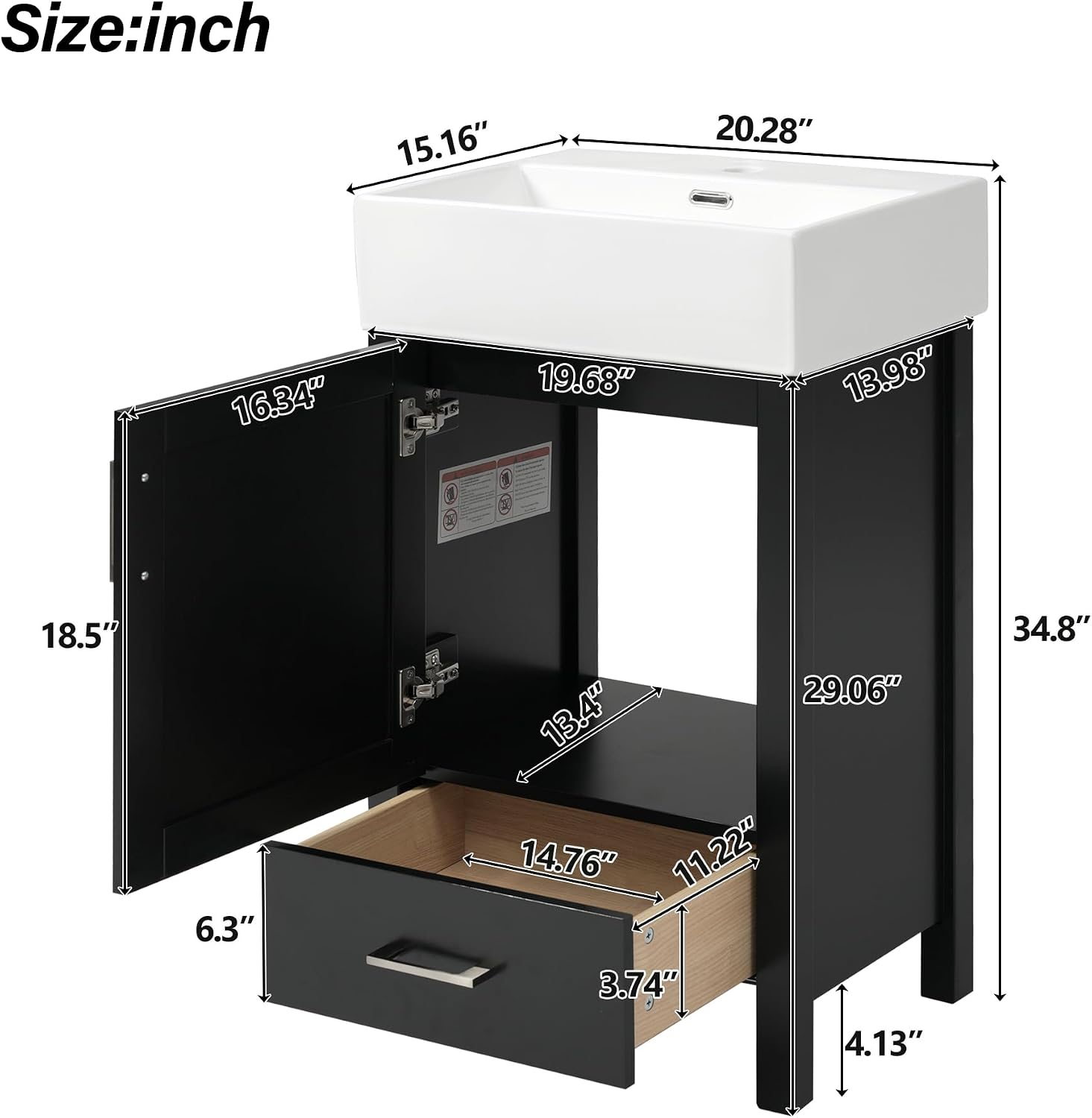 20-inch Bathroom Vanity with Sink Combo Set, Free Standing Single Storage Cabinet with Soft Closing Doors & One Drawer, Solid Wood Vanity Organizer with Ceramic Basin for Bathroom, Black