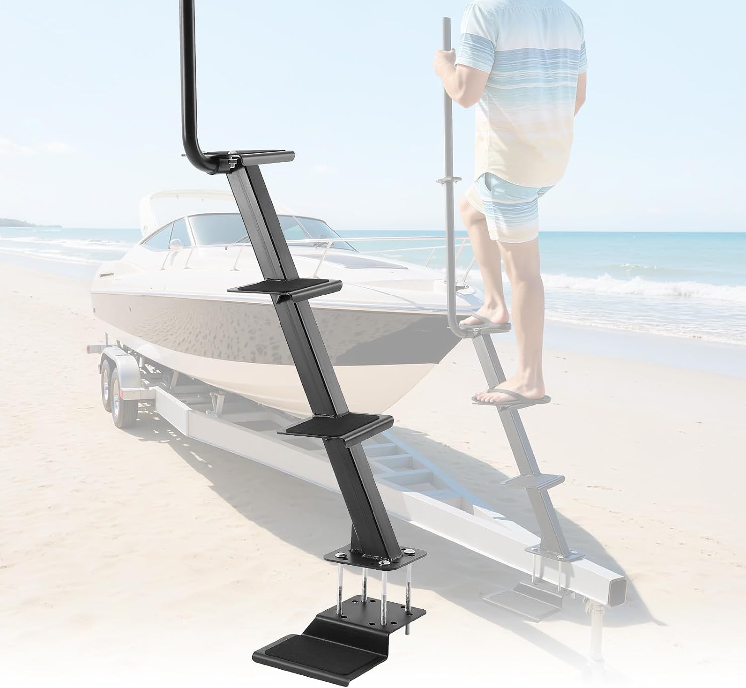 VEVOR Boat Trailer Steps, 4-Step, Heavy-Duty Boat Trailer Steps with Handle, Non-Slip Surface, 3 Mounting Angle Options, Carbon Steel Ladder Suitable for 3' x 3'/3' x 5'/4' x 4' Frame, Bottom Mounting