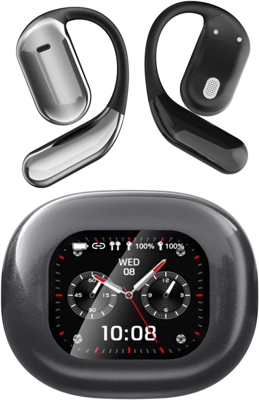 Open-Ear Wireless Earbuds Bluetooth 5.4 Headphones with Intelligent Touch Screen & Earhook, 40Hrs Playback Sport Ear Buds Earphones,Ultra-Comfort Design,Compatible with iPhone & Android,Black