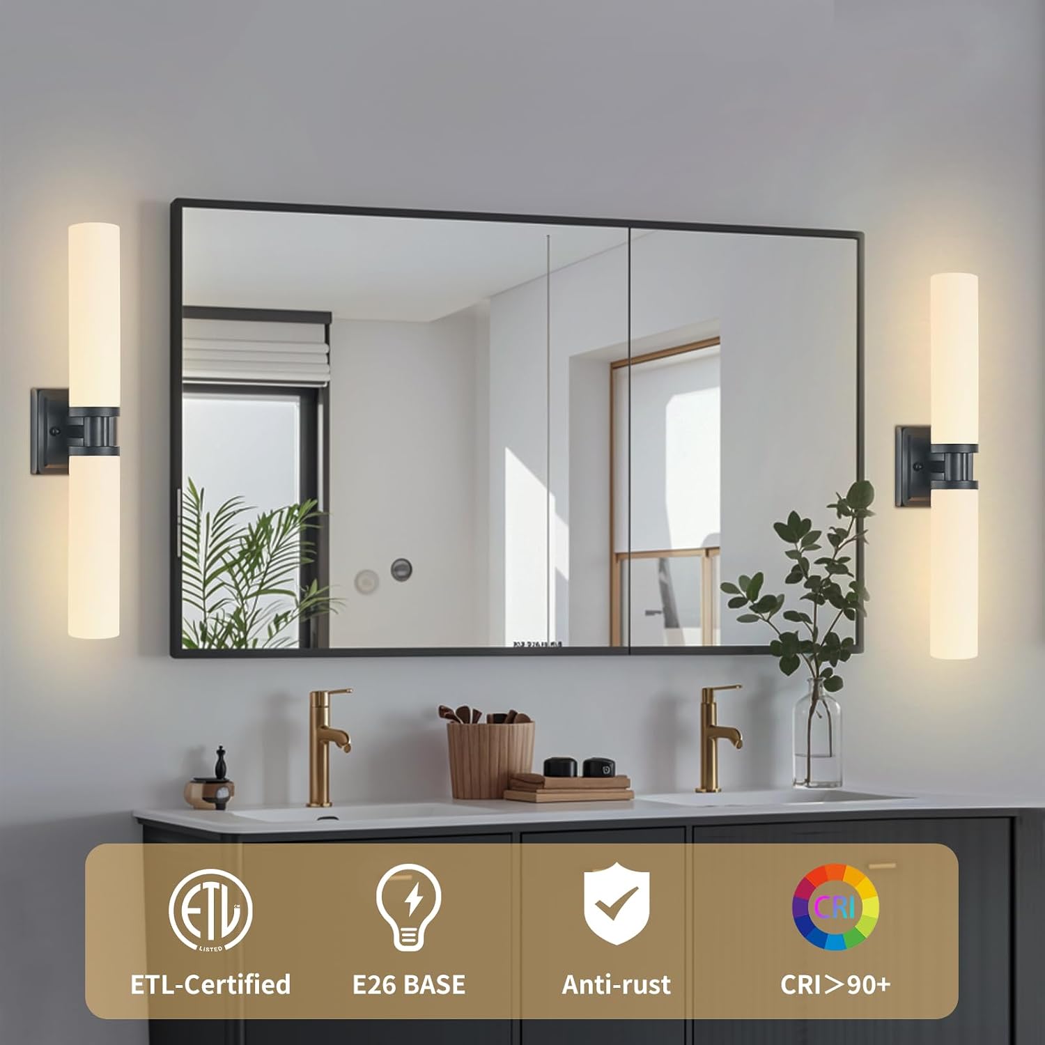 Black Wall Sconces Set of Two, 32 Inch Bathroom Sconces with Frosted Glass, Modern Sconces Wall Light Fixtures for Bathroom Mirror Living Room Bedroom Hallway (Bulbs Not Included)