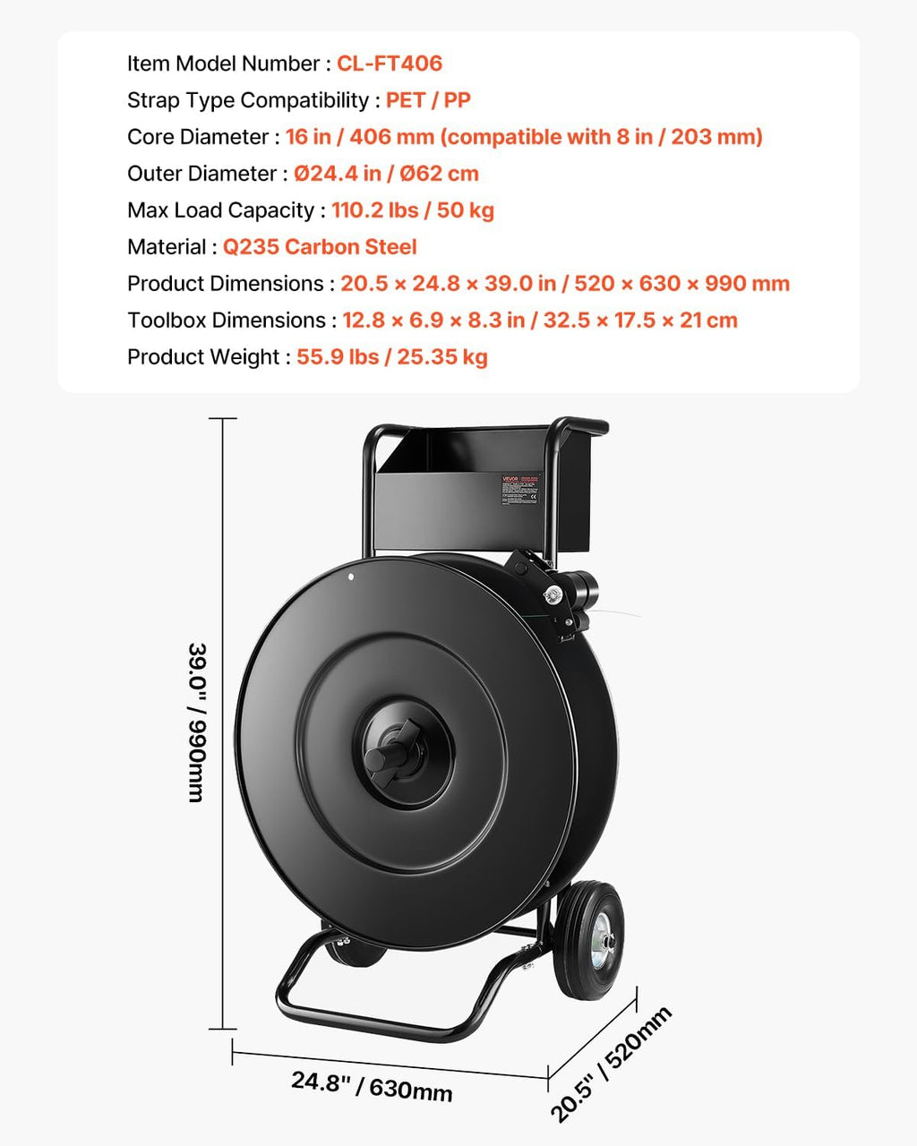 VEVOR Banding Strapping Cart, for PET/PP Coils with 8' or 16' Core, Heavy Duty Strapping Dispenser with Upgrade Drum Brake System, Rubber Wheels and Built-in Spacious Tool Tray, 110 lbs Capacity