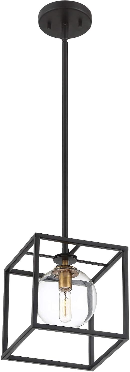 Possini Euro Design Delaney Black Burnished Brass Mini Pendant Light 8' Wide Modern Square Cage Round Clear Glass Shade Fixture Dining Room House Entryway Bedroom Kitchen Island Hallway Ceilings