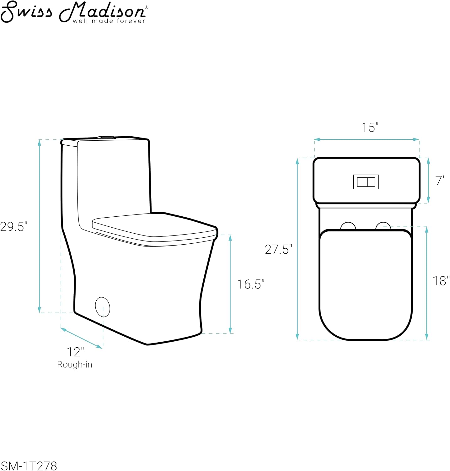 Swiss Madison SM-1T278, Concorde One Piece Square Toilet Dual Flush 1.1/1.6 gpf with 10' Rough In