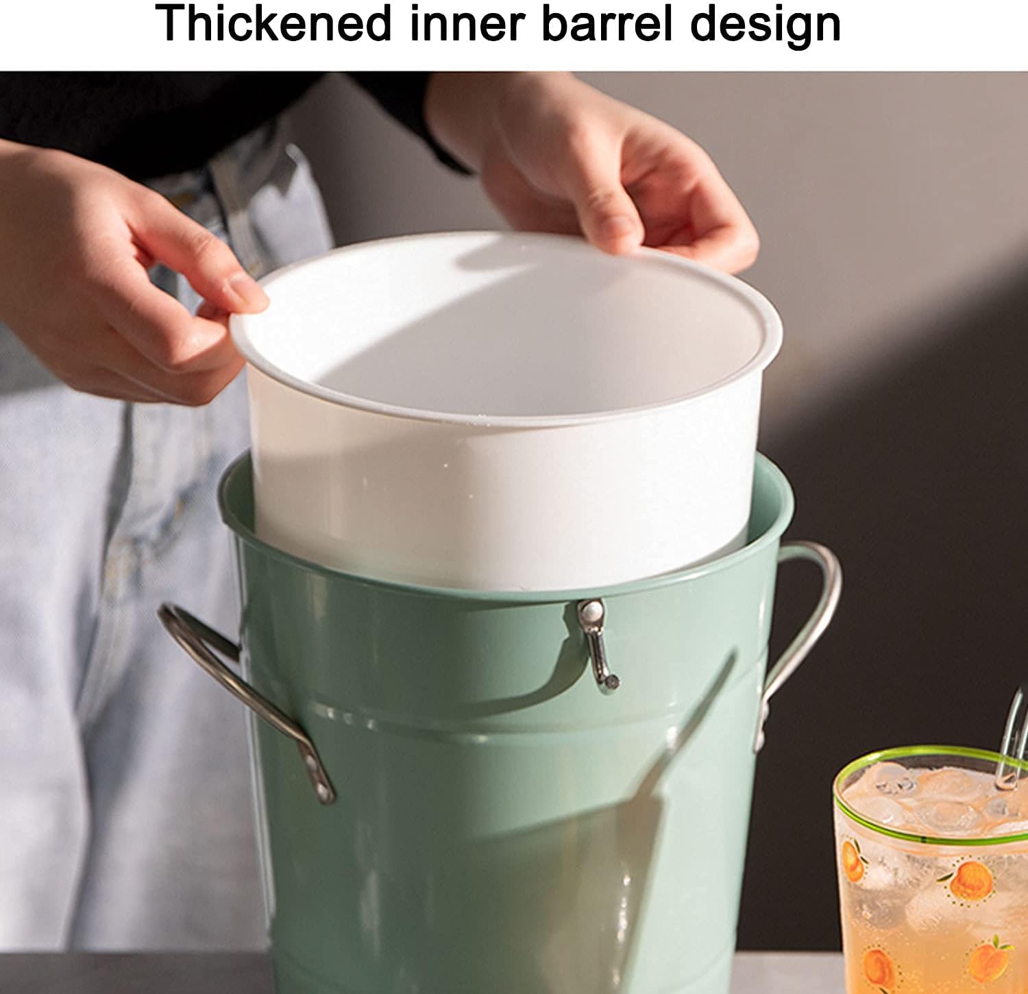 Ice Bucket, Double Wall Ice Buckets, Beverage Cooler Bucket with Scoop & Lid - 4.5 Liter Container - Rustic Vintage Farmhouse Storage Ice Bucket