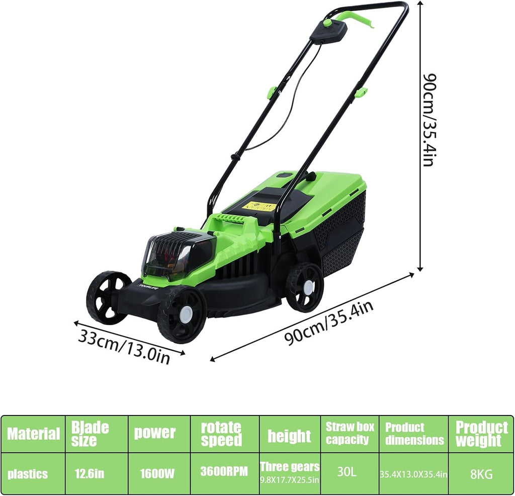 Walk-Behind Lawn Mower, 1600W Powerful Electric Lawn Mower with with Upgraded Brushless Motor & 30L Grass Tank, Height Adjustments Self Propelled Lawn Mowers Cordless Push Lawns Mower Green