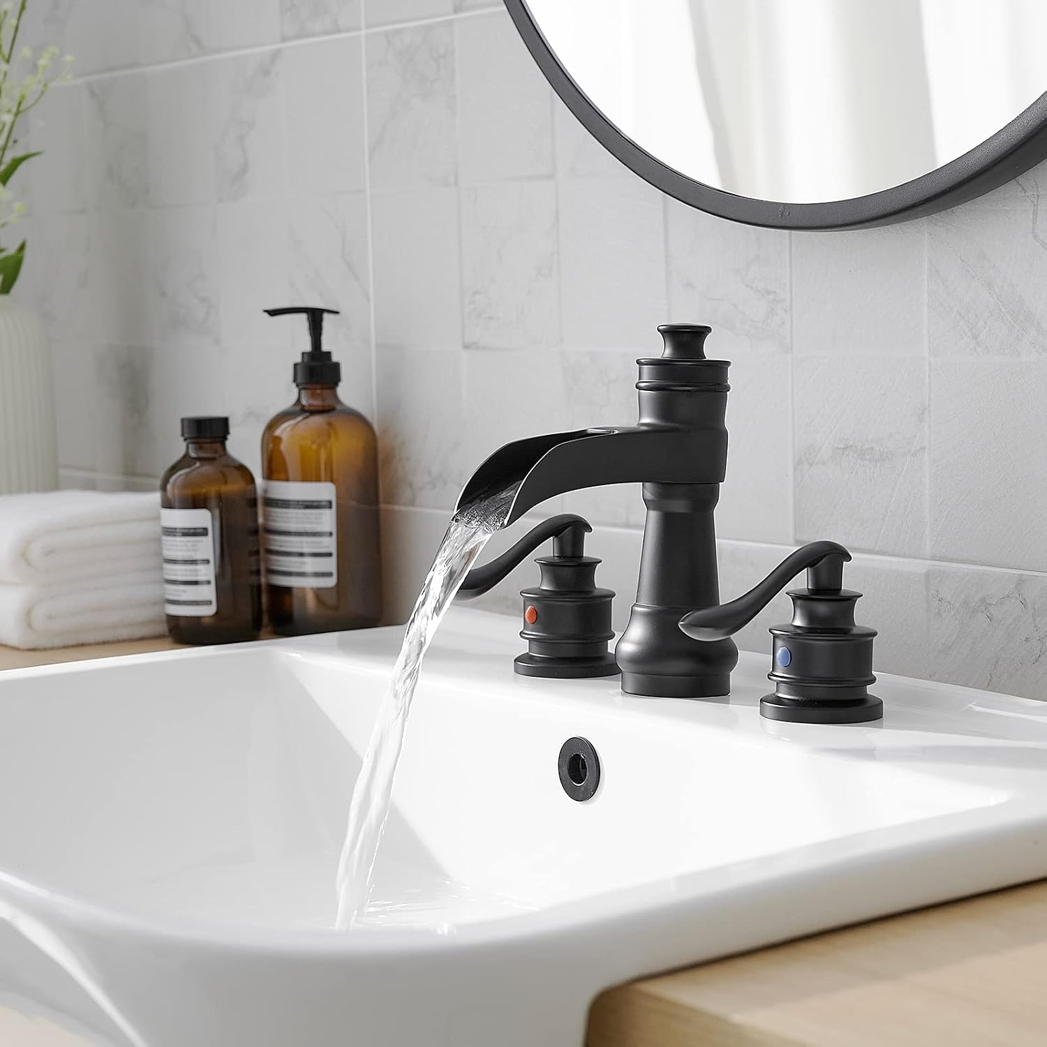 Matte Black Bathroom Faucet 3 Hole or 8 Inch Widespread Tap, 2 Handle Brass Waterfall Faucet for Bathroom Sink 3 Hole Mounted with Pop-up Drain and Supply Line