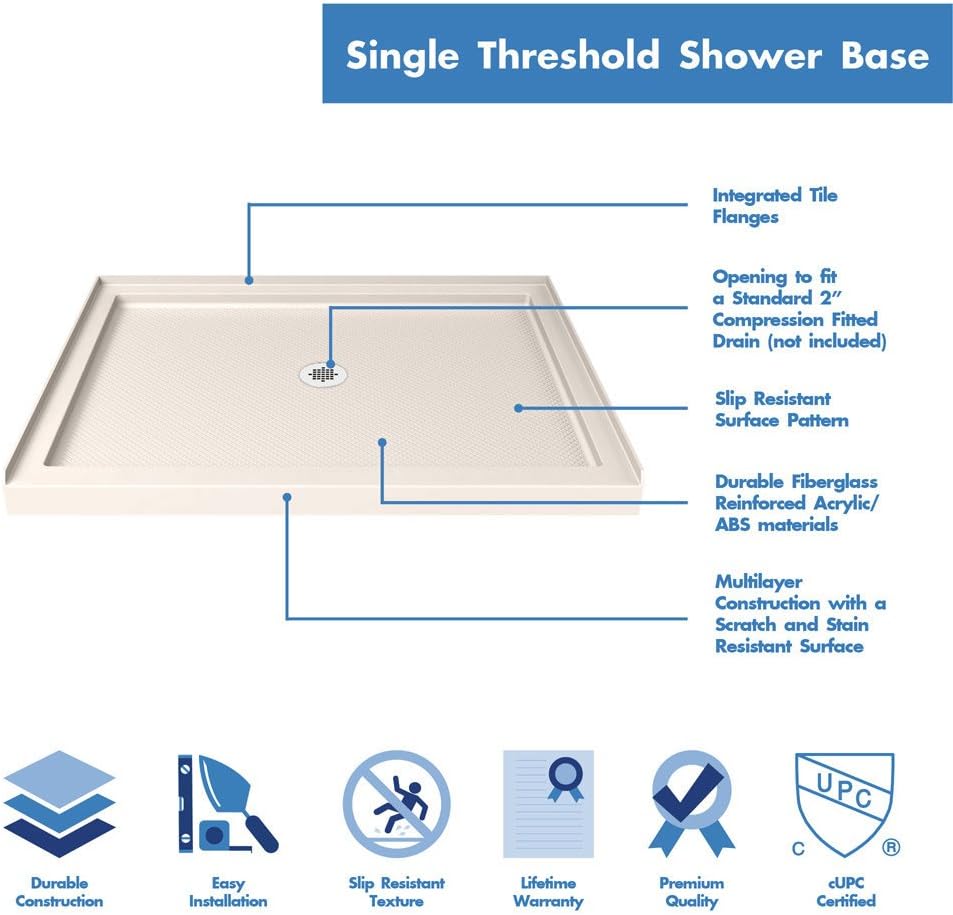 DreamLine SlimLine 32 in. D x 42 in. W x 2 3/4 in. H Center Drain Single Threshold Shower Base in Biscuit, DLT-1132420-22