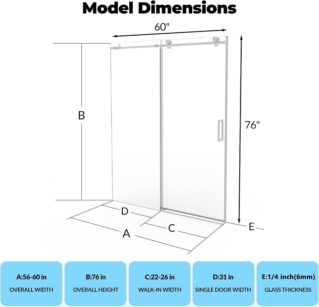 Sliding Shower Door 56–60 inch W× 76 inch H, Frameless Glass Shower Door with Round Stainless Steel Rail and 55mm Rollers, 6mm Tempered Glass, Brushed, Modern Shower Enclosure for Bathroom Remodeling