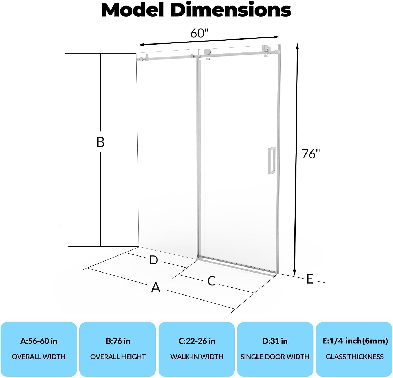 Sliding Shower Door 56–60 inch W× 76 inch H, Frameless Glass Shower Door with Round Stainless Steel Rail and 55mm Rollers, 6mm Tempered Glass, Brushed, Modern Shower Enclosure for Bathroom Remodeling