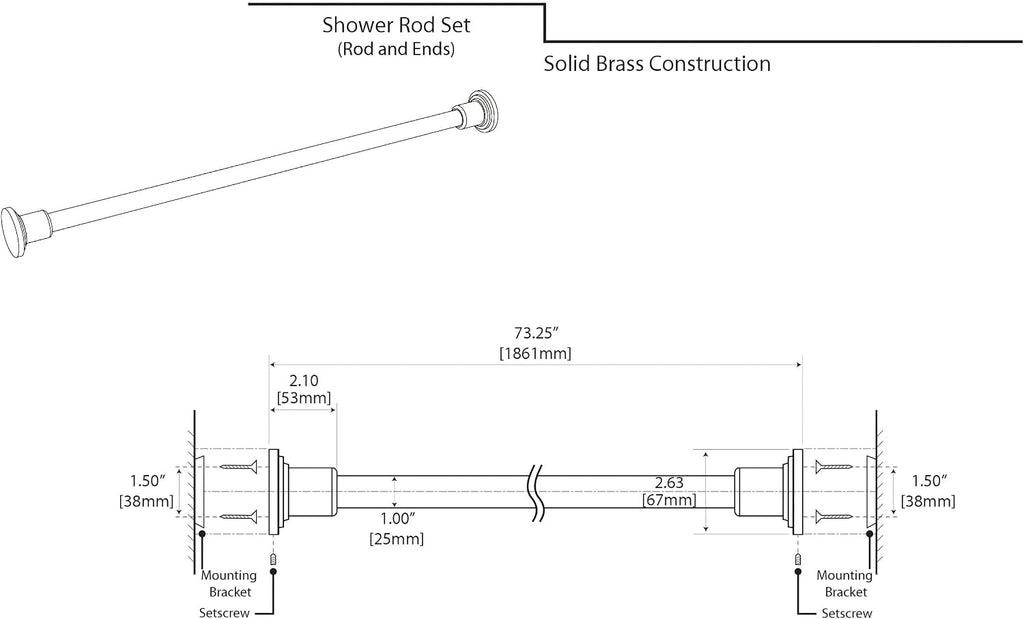 Gatco 819 Marina Shower Curtain Rod Set, 60 Inch, Solid Brass, Wall Mounted, Chrome