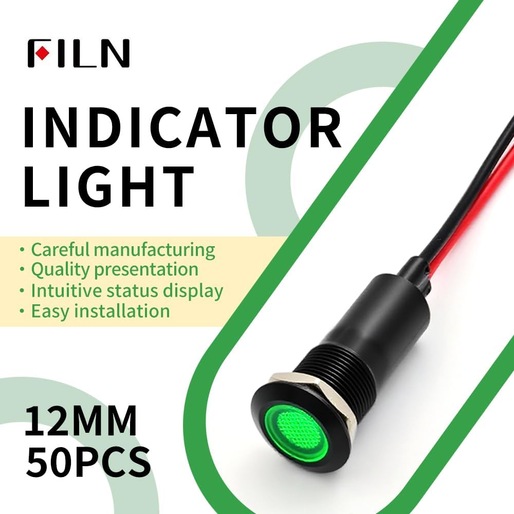50PCS 12mm (1/2') Green LED Indicator Light Waterproof Metal Signal Lamp 5V 12V 24V IP67 Pilot Dash Head for Car Industrial Equipment Light (12V-Black Shell Green 50PCS)