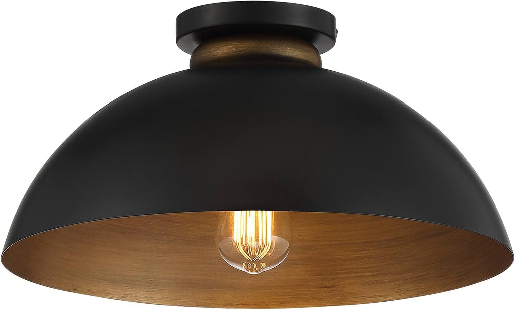 Possini Euro Design Janie Modern Industrial Semi Flush-Mount Fixture 15 1/2' Wide Black Exterior Gold Interior Dome Shade for Bedroom Kitchen Living Room Hallway Bathroom House Home