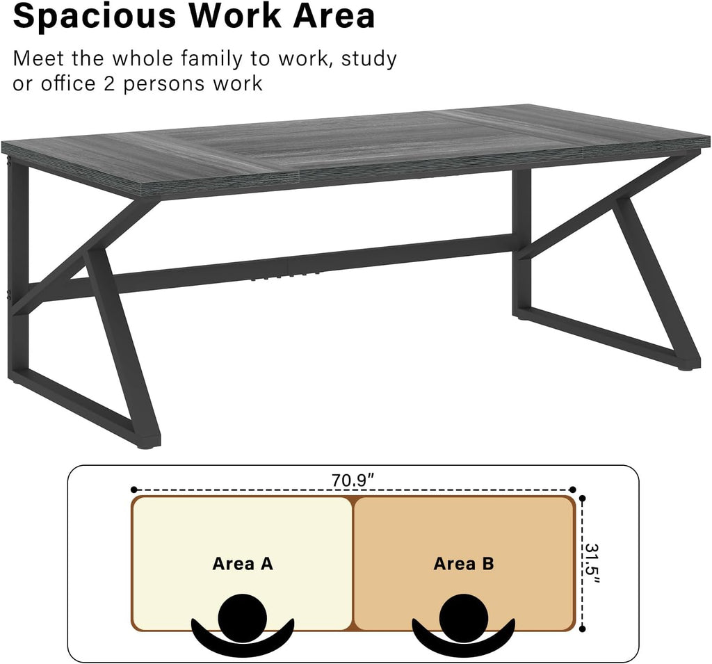 HSH Extra Long Computer Desk, Industrial Metal Wood Home Office Desk, Large PC Laptop Table for 2 Person Executive Writing Work Study Gaming, Bedroom Living Room Dual Monitor Desk, Dark Gray, 70 Inch