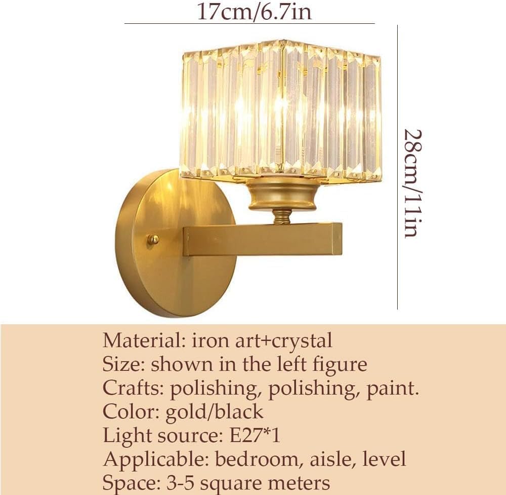 Luxury Crystal Wall Light Sconce - Black Crystal with Clear Glass Shade, Square Hardwired Vanity Light Fixture for Bathroom and Bedroom