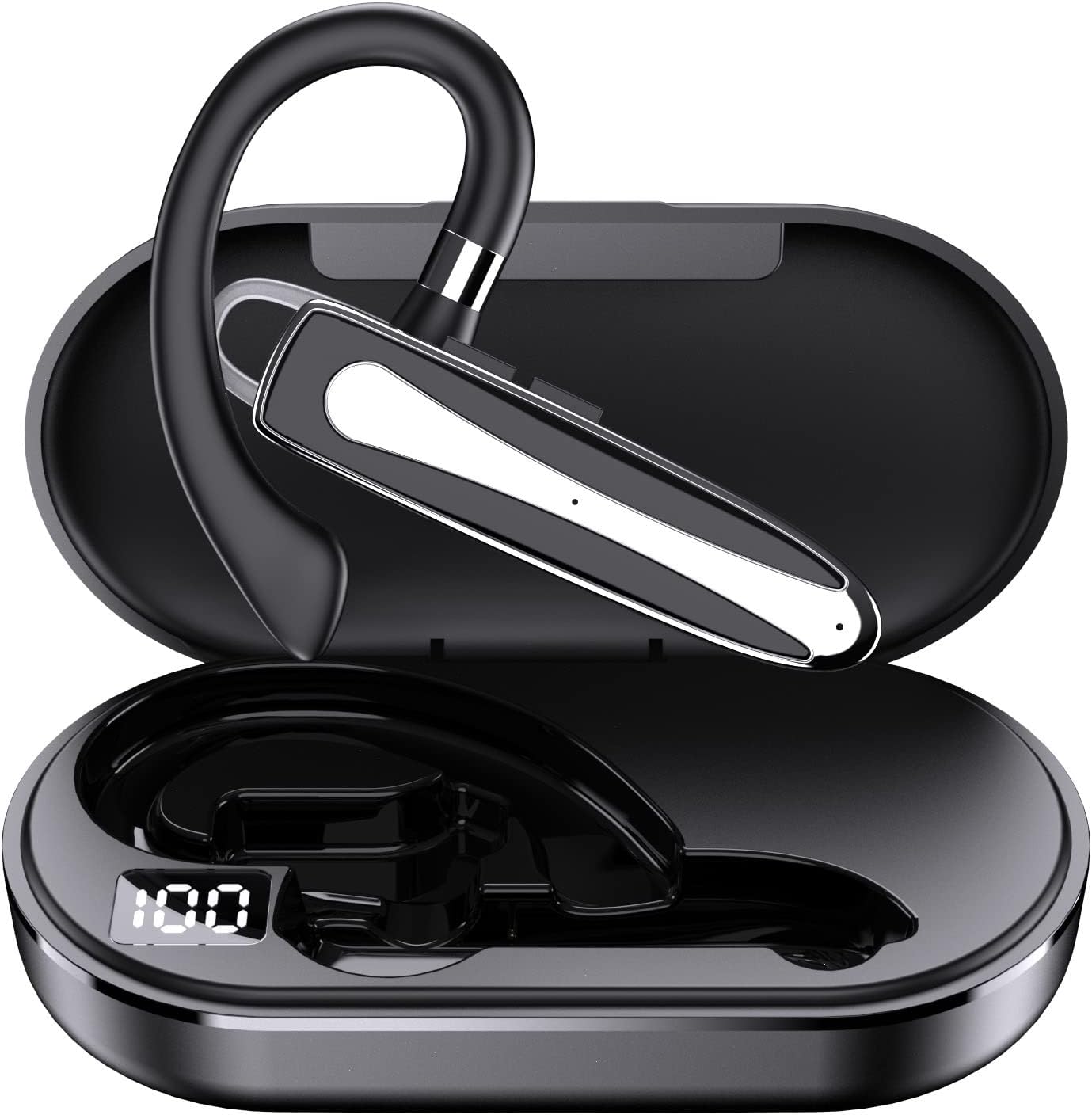 Business Headsets Bluetooth Headphones IPX7 Waterproof Wireless Earpiece,CVC8.0 Noise Cancelling 12 Hours Talktime with HD digital display, built-in Microphone for Driving Office Business, black+white