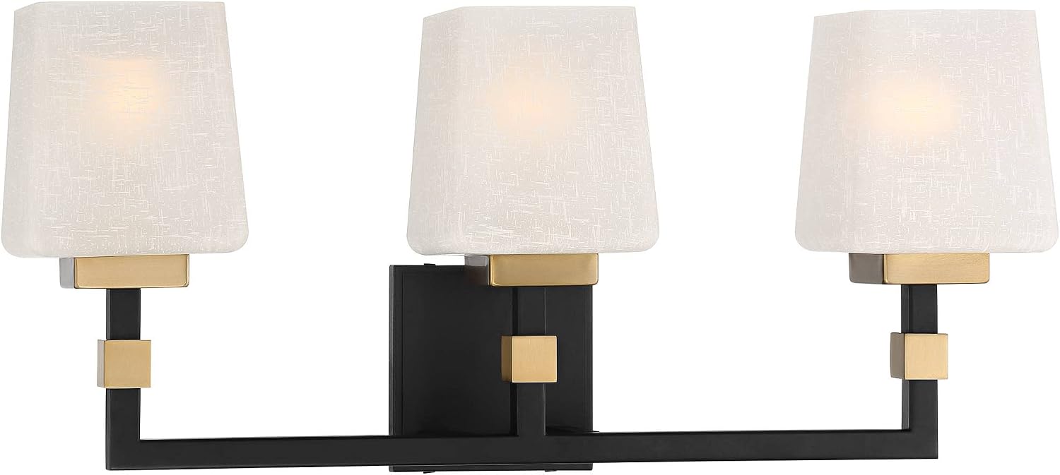 Possini Euro Design Beauregard Modern Industrial Wall Light Black Gold Metal Hardwired 21 3/4' Wide 3-Light Fixture Mounted Square Linen Glass Shade for Bathroom Vanity Mirror House Home Room Decor