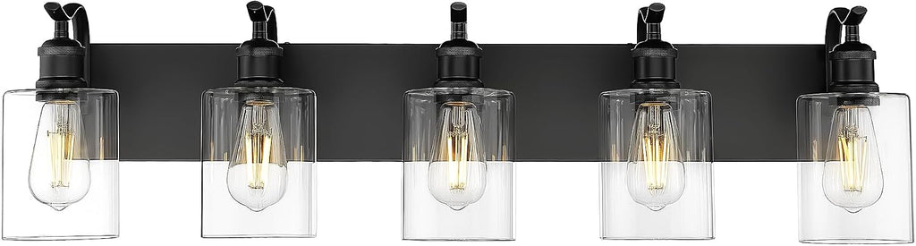 5 Light Bathroom Vanity Light, Black Light Fixture Morden Bathroom Lighting Fixtures Over Mirror Black Wall Sconces with Clear Glass Shade ZCVL01BK-5